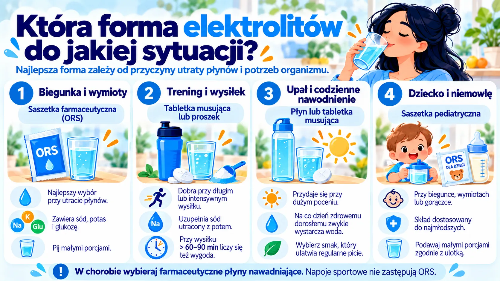 Która forma elektrolitów do jakiej sytuacji?